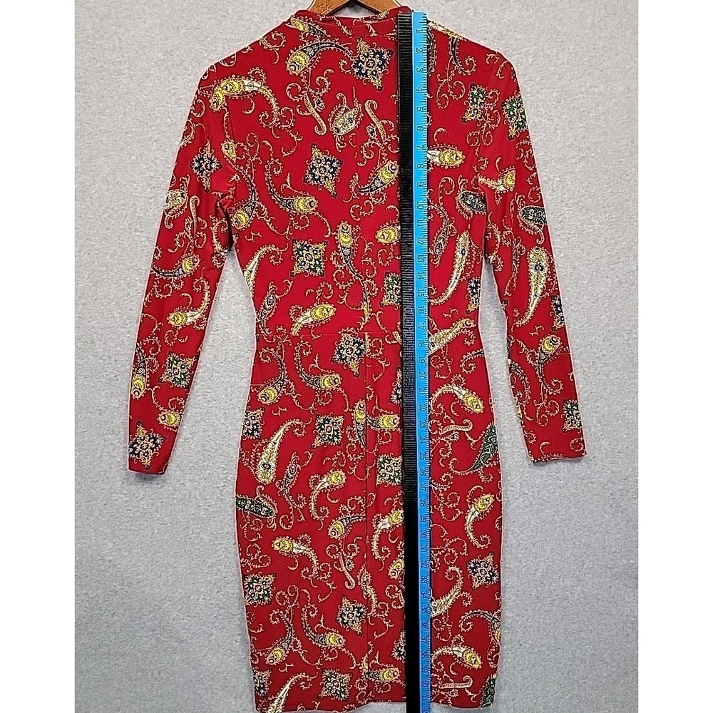 LAUREN RALPH LAUREN Paisley Pleated Surplice Faux Wrap Jersey Dress 6 Red Blue - Picture 9 of 12